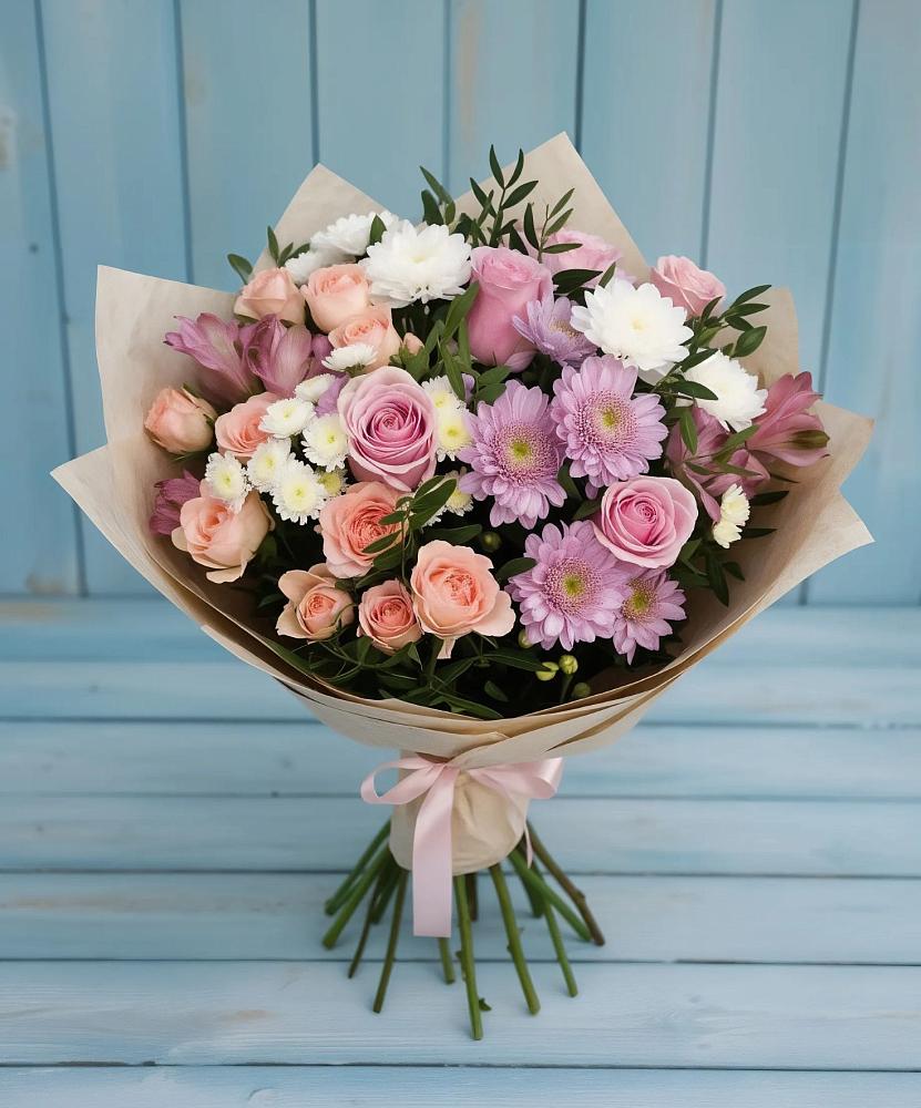 Букет цветов из: Хризантемы, Розы и Альстромерии в Петино