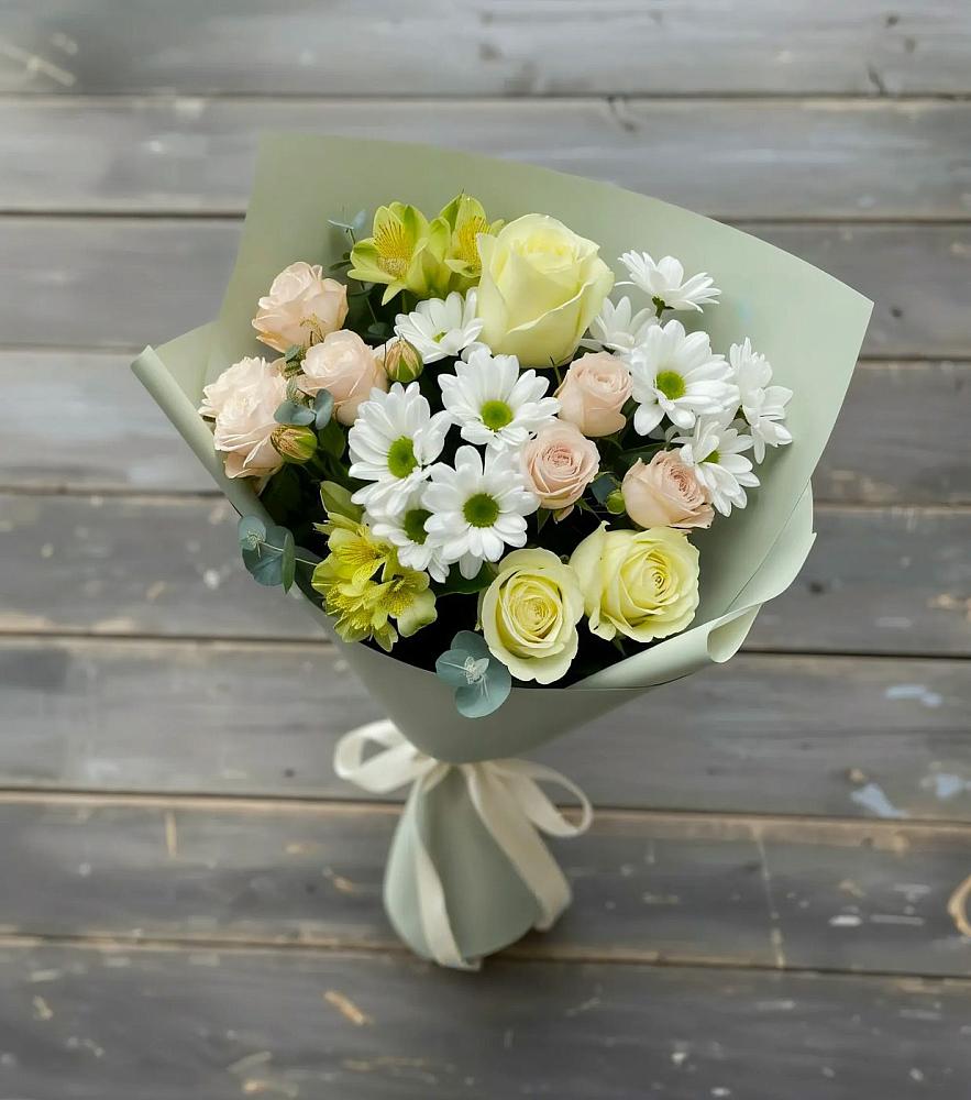 Букет цветов из: Альстромерии, Розы и Хризантемы в Петино