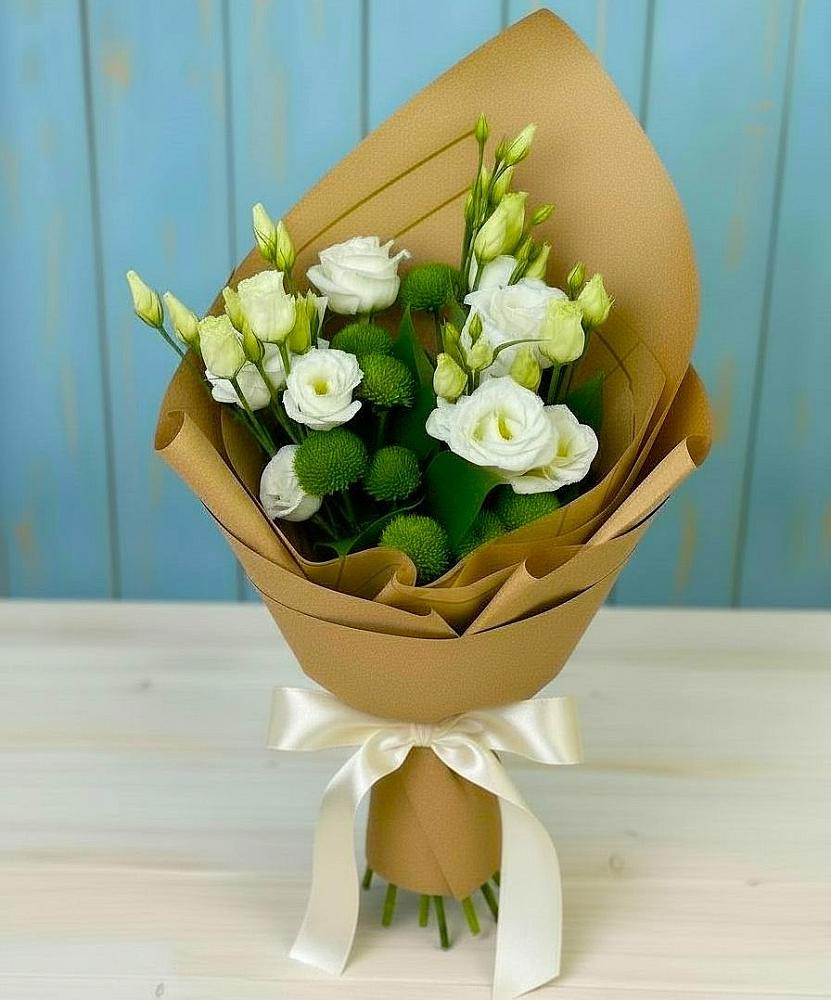 Букет цветов из: Хризантемы и Лизиантусы в Петино