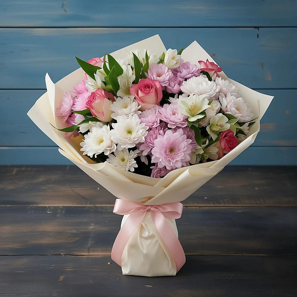 Букет цветов из: Хризантемы, Альстромерии и Розы в Петино